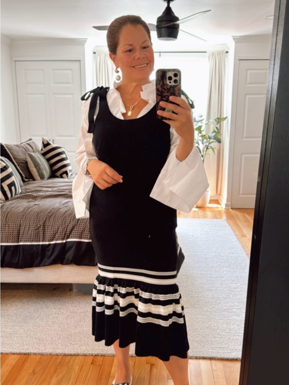 H&M Black Sleeveless Tie-Shoulder Knit Midi Dress with Cream Stripe Hem